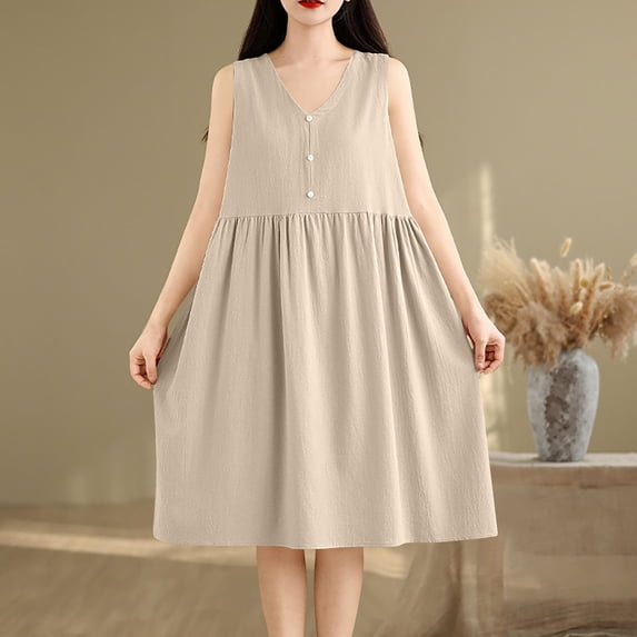 gljltg Women's Cotton Linen Dresses Summer Midi Sundresses Casual V Neck Button Front Pleated Loose Fit Knee Length Sleeveless Tank Dress with Pockets