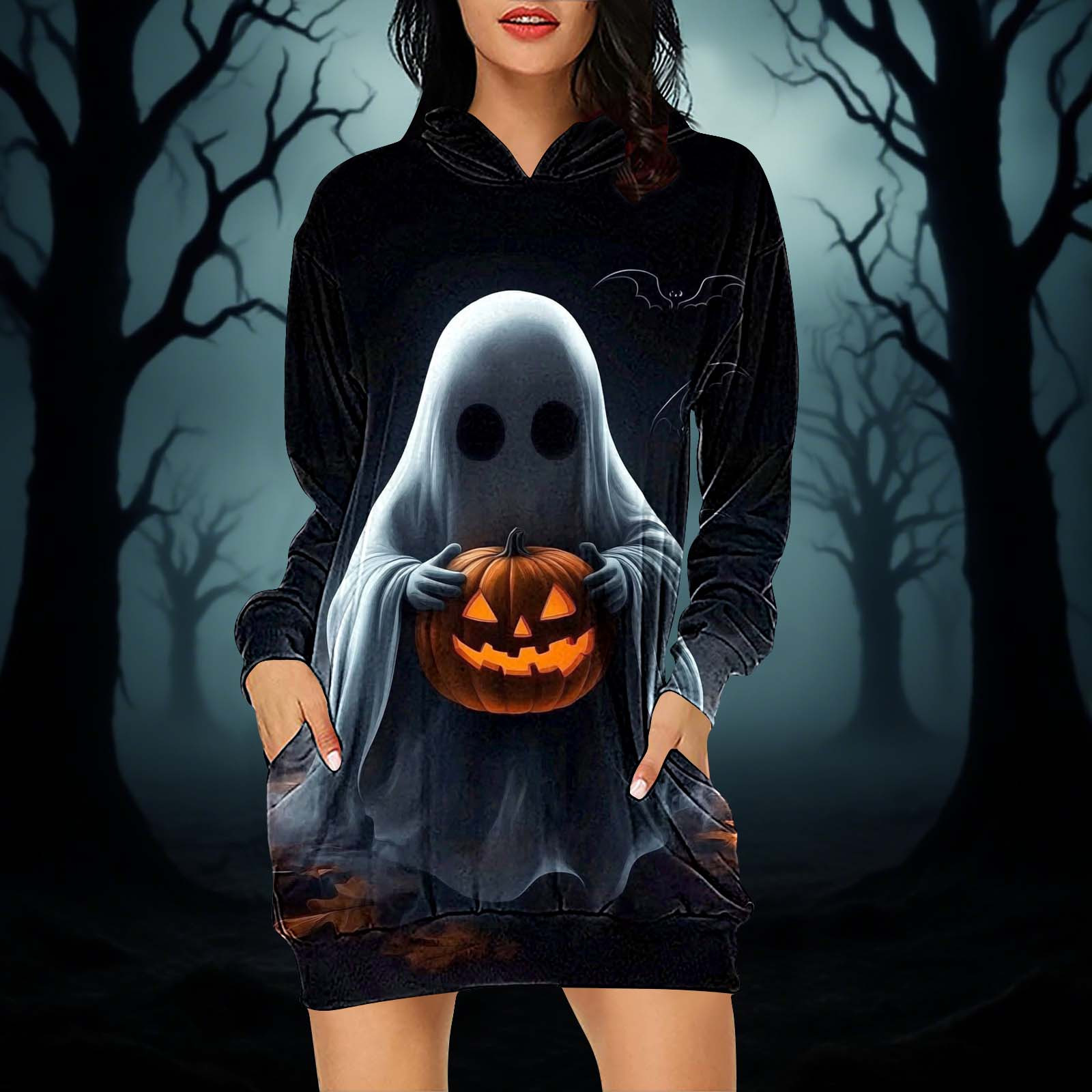 gljltg Women's Halloween Printed Loose All-match Hooded Double Pocket  Sweater Dress for Women, Suitable for Leisure, Party, Daily, Home, Beaches,  ...
