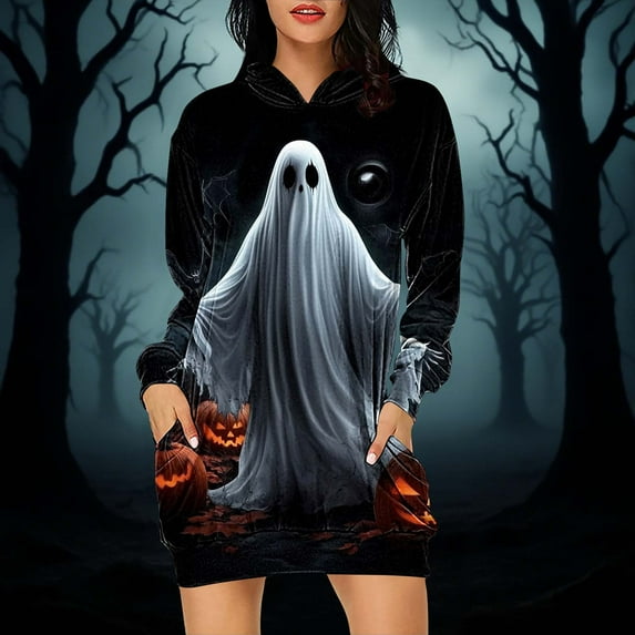 gljltg Women's Halloween Printed Loose All-match Hooded Double Pocket Sweater Dress for Women, Suitable for Leisure, Party, Daily, Home, Beaches, Travel, Work, Gatherings
