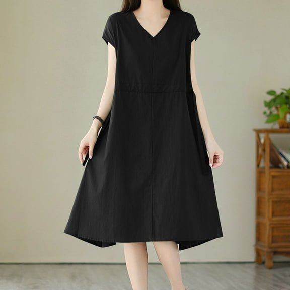 gljltg Women's Loose Cotton Short Sleeve Round Neck Dress for Summer Beach Travel Gatherings – Breathable Strappy Design with Chest Details & Casual Sexy Style