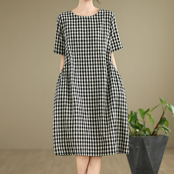 gljltg Women's Loose Cotton Short Sleeve Round Neck Dress for Summer Beach Travel Gatherings – Breathable Strappy Design with Chest Details & Casual Sexy Style