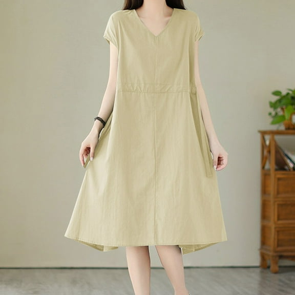 gljltg Women's Loose Cotton Short Sleeve Round Neck Dress for Summer Beach Travel Gatherings – Breathable Strappy Design with Chest Details & Casual Sexy Style