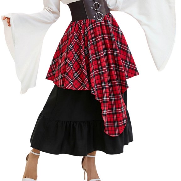 gljltg Women's Medieval Red And White Checkered Irregular Skirt Maxi Print Dress for Women, Spring Summer, Suitable for Party, Daily, Beach, Casual, Fashionable Stylish