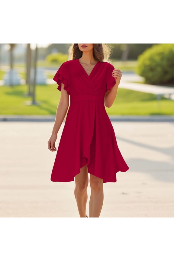 Women's Midi Dress V-Neck Short Ruffle Sleeve Wrap Waist Solid Color Ruffle Fit and Flare Wedding Guest Multi-Layered Hem V-Neck Lace Up Peplum Dresses