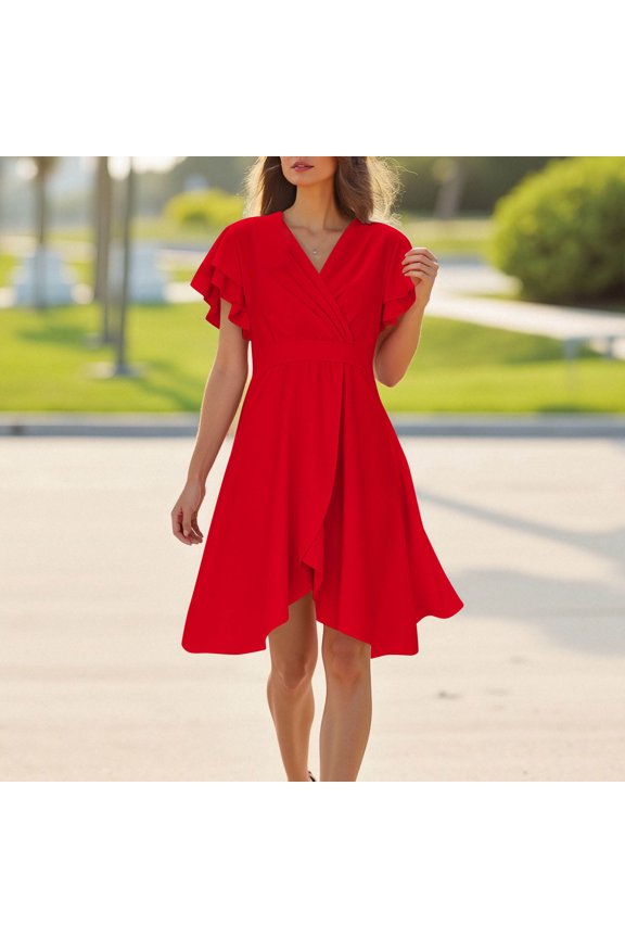 Women's Midi Dress V-Neck Short Ruffle Sleeve Wrap Waist Solid Color Ruffle Fit and Flare Wedding Guest Multi-Layered Hem V-Neck Lace Up Peplum Dresses