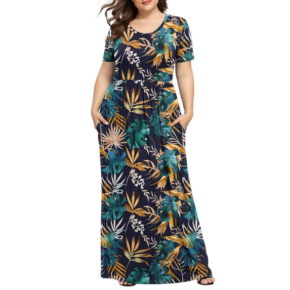 gljltg Women's Plus Printed Casual Short Sleeve Round Neck Pleated Pocket Ankle Dress, Polyester Fabric, Lightweight Breathable Summer, Daily Casual Outfit, Easy Care Washable