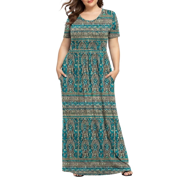 gljltg Women's Plus Solid Color Casual Short Sleeve Round Neck Pleated Pocket Ankle Dress, Polyester Fabric, Lightweight Breathable Summer, Daily Casual Outfit, Easy Care Hand Washable