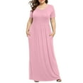 thumbnail image 1 of gljltg Women's Plus Solid Color Casual Short Sleeve Round Neck Pleated Pocket Ankle Dress, Polyester Fabric, Lightweight Breathable Summer, Daily Casual Outfit, Easy Care Hand Washable, 1 of 6