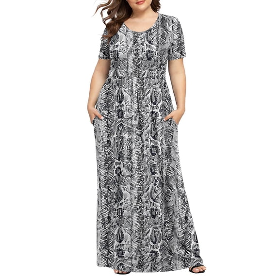 gljltg Women's Plus Solid Color Casual Short Sleeve Round Neck Pleated Pocket Ankle Dress, Polyester Fabric, Lightweight Breathable Summer, Daily Casual Outfit, Easy Care Hand Washable