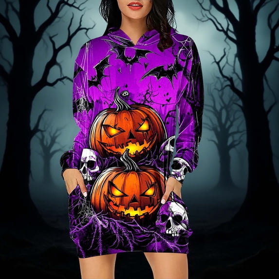 gljltg Women's Printed Loose All-match Hooded Double Pocket Sweater Dress for Women, Fall Winter, Suitable for Leisure, Party, Daily, Home, Beaches, Travel, Work, Gatherings