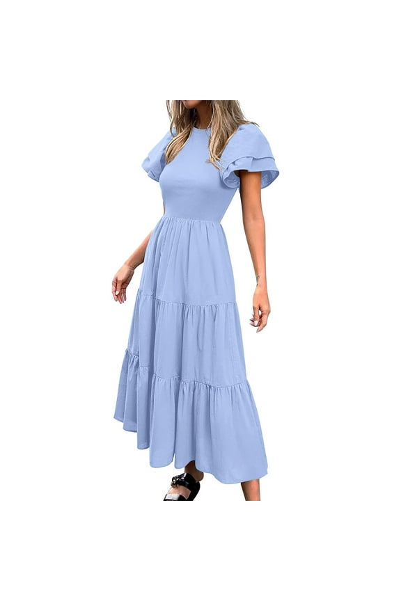 Women's Sexy Slim Solid Color Short Sleeve Round Neck Pleated Ankle Dress, Polyester Elastane Lightweight Breathable Summer, Casual Party Home Office Outfit, Easy Care Washable