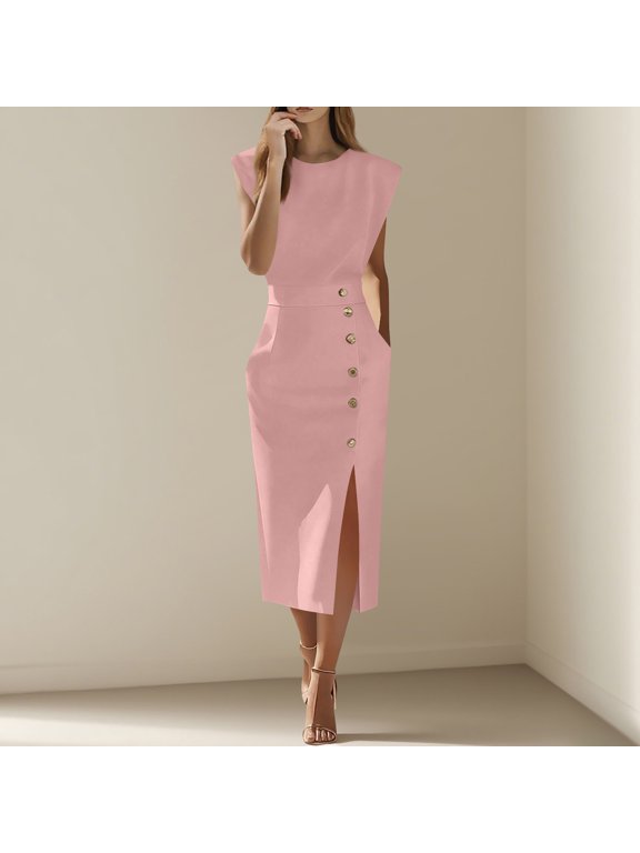Women's Solid-Color Round-Neck Sleeveless Bow Mid-Calf Fashionable Casual Dress for Women, Summer, Suitable for Party, Banquet, Casual, Daily, Birthday, Dating, Dance, Wedding, Work