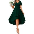 thumbnail image 1 of gljltg Women's Solid Color Ruffle Sleeves Pleated V-neck A-line Mid Length Short Sleeve Dress for Women, Girl, Spring, Summer, Suitable for Casual, Daily, Birthday, Dating, Dance, 1 of 8