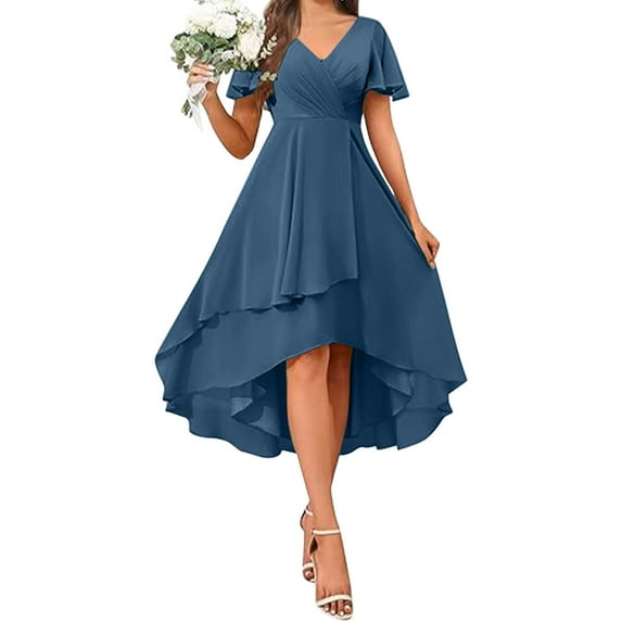 gljltg Women's Solid Color Ruffle Sleeves Pleated V-neck A-line Mid Length Short Sleeve Dress for Women, Girl, Spring, Summer, Suitable for Casual, Daily, Birthday, Dating, Dance