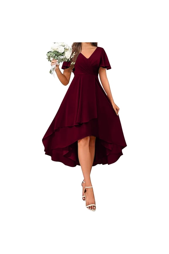 Women's Solid Color Ruffle Sleeves Pleated V-neck A-line Mid Length Short Sleeve Dress for Women, Girl, Spring, Summer, Suitable for Casual, Daily, Birthday, Dating, Dance