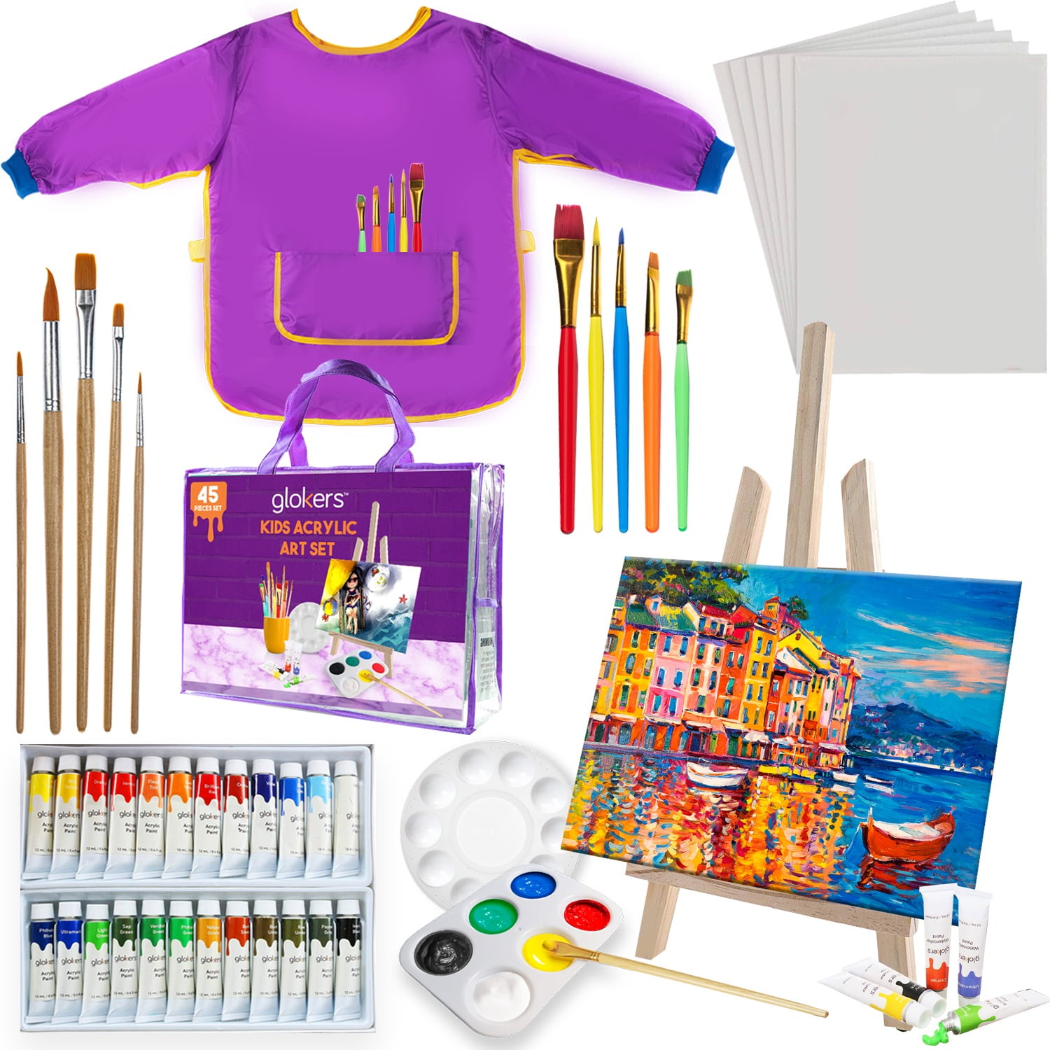 glokers Kids Painting Supplies Set - Arts Set with Acrylic Paints, Easel, Paintbrushes, Canvases, Palettes, Smock & Travel Storage Bag - Premium Children's Arts & Crafts Supplies