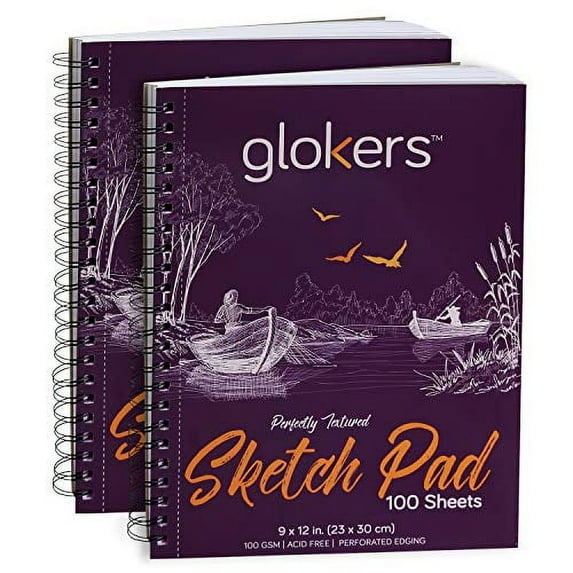 glokers Sketch Book - 2 Pack - 100 Sheets Each Sketch Pad - Acid Free, Medium Weight Paper – for Pencils, Charcoal, Oil Pastels, and Other Dry Media – Extra Durable Spiral Binding - 9X12 Inch Paper
