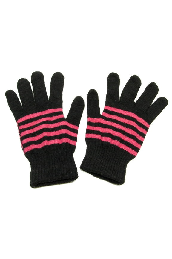 gloves-Stripes Black Pink Knitted Winter Warm Stretch Gloves One Size