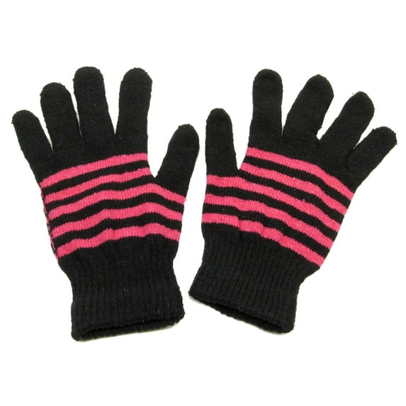 gloves-Stripes Black Pink Knitted Winter Warm Stretch Gloves One Size