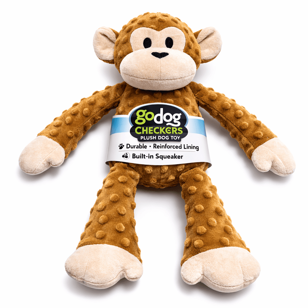 goDog Checkers Plush Monkey Dog Toy with Squeaker – Brown – Durable Soft Chew Toy