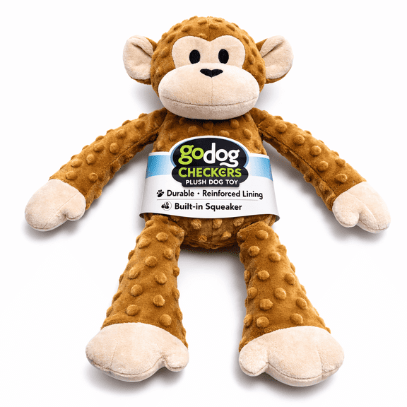 goDog Checkers Plush Monkey Dog Toy with Squeaker Brown Durable Soft Chew Toy