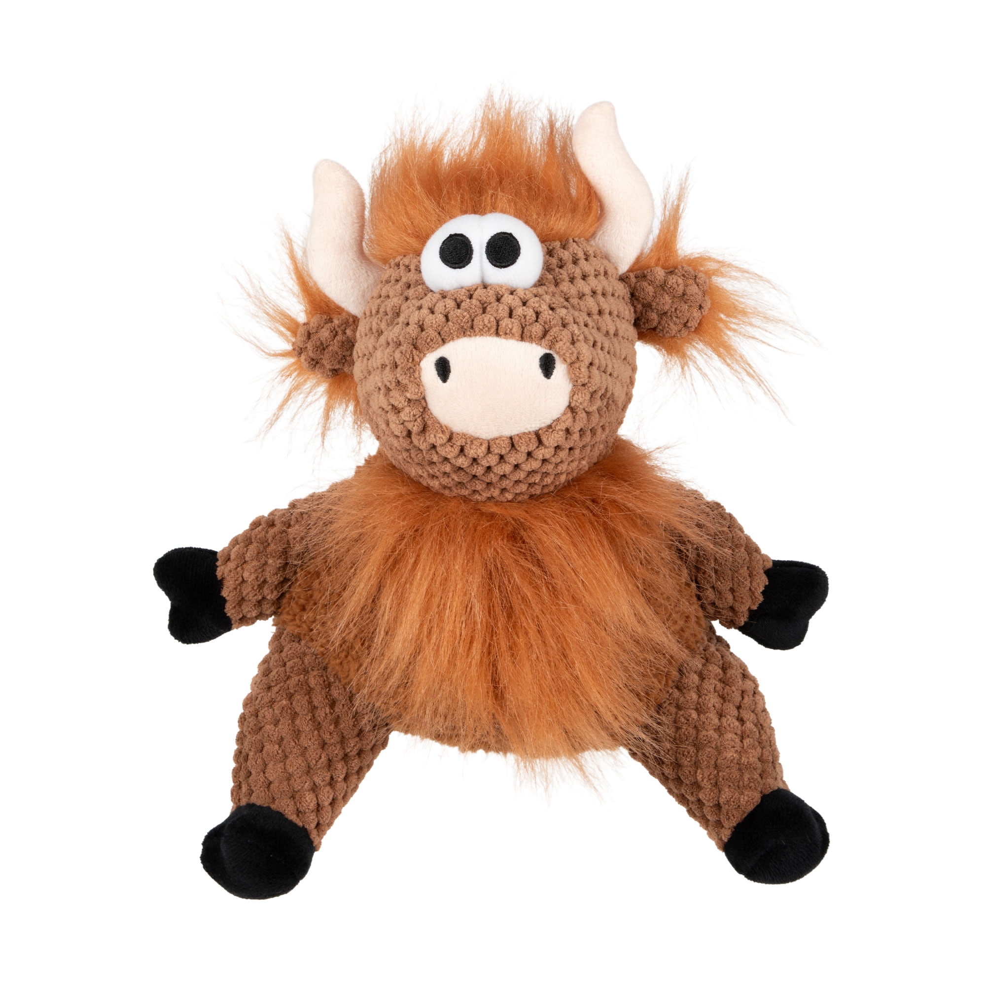 goDog Checkers Sitting Highland Cow Hank Plush Squeaky Dog Toy with Chew Guard Technology