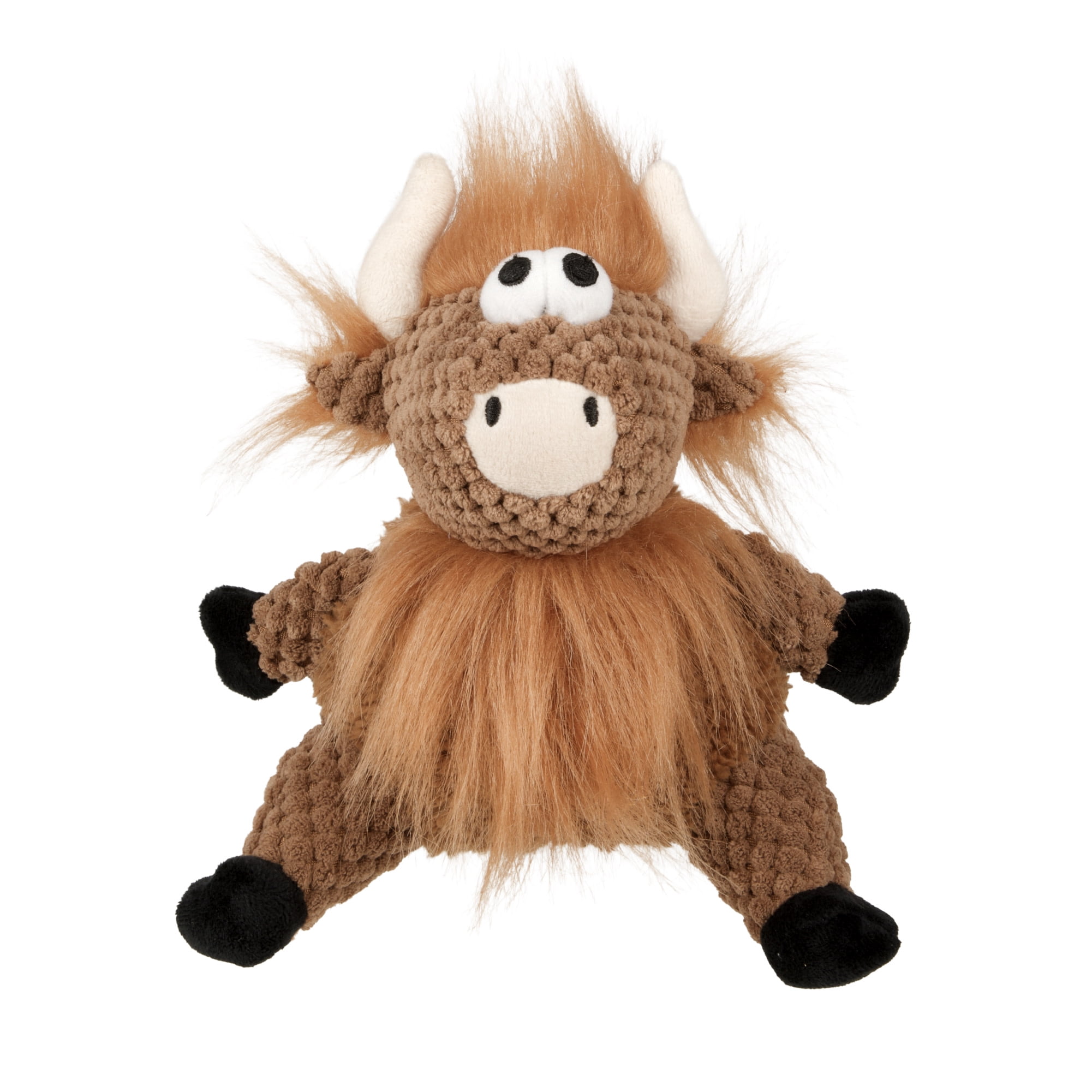 goDog Checkers Sitting Highland Cow Hank Plush Squeaky Dog Toy with Chew Guard Technology
