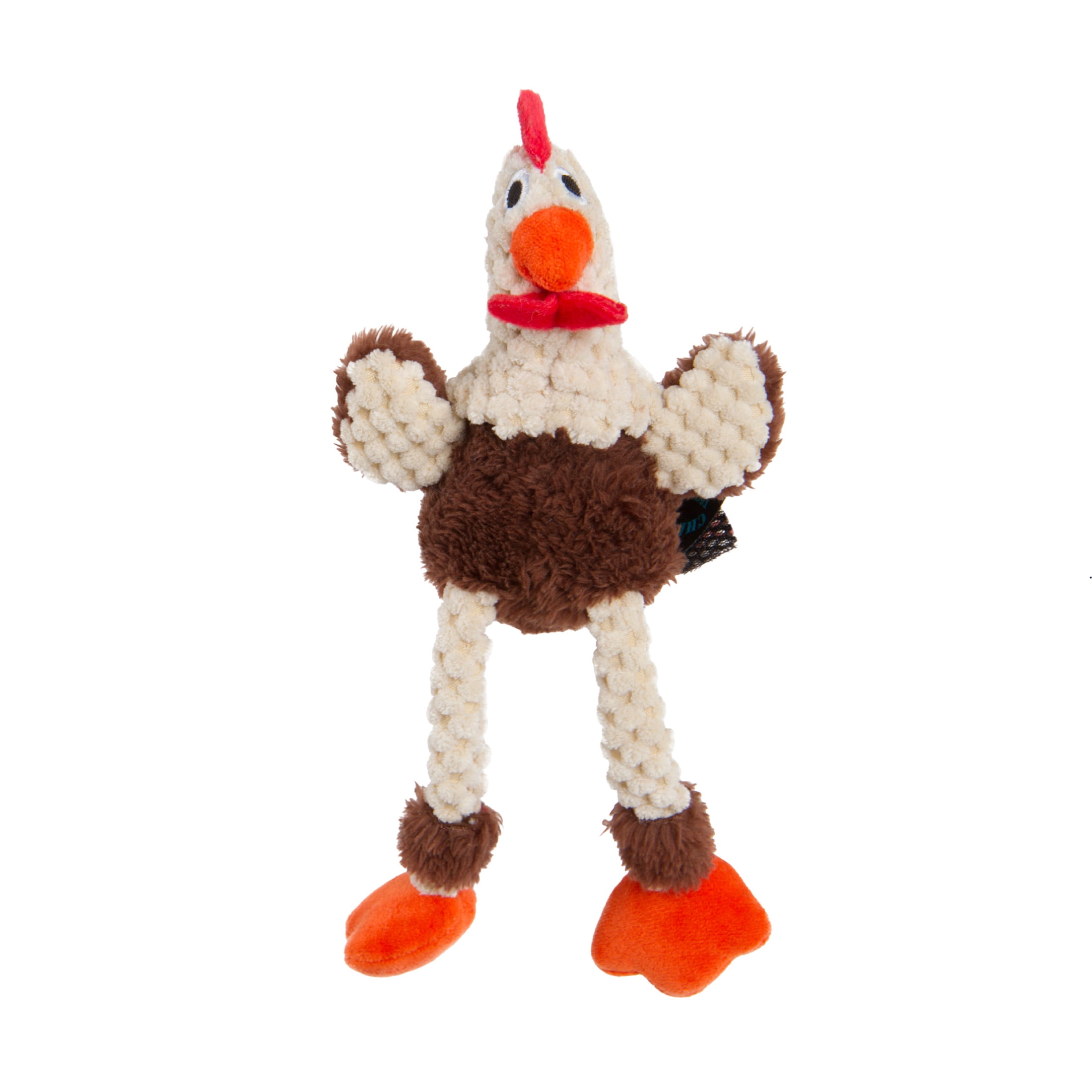 goDog Checkers Skinny Rooster Squeaky Plush Dog Toy with Chew Guard Technology, Durable Fabric & Squeaker for Active Play, Brown, Mini