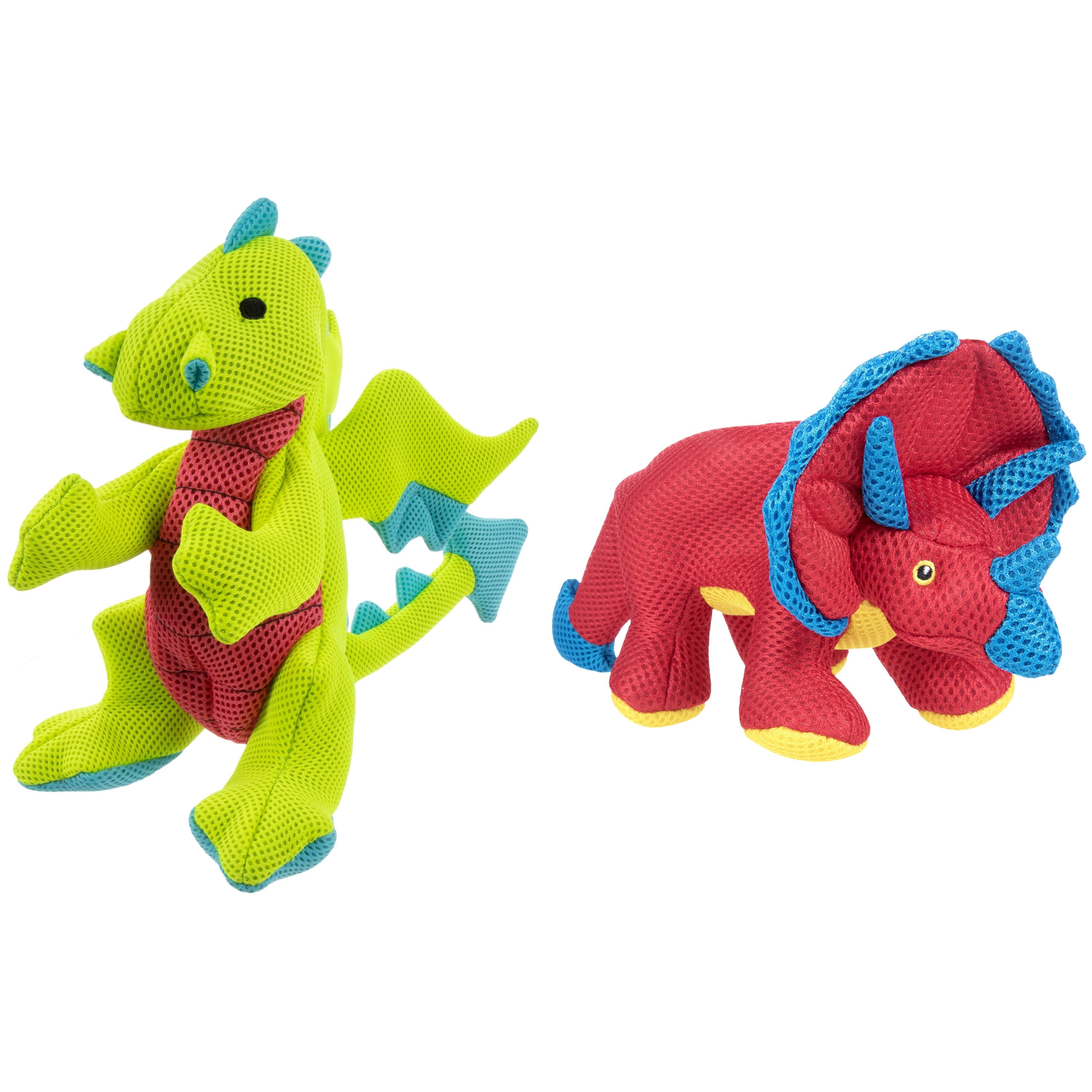 goDog Double Chew Guard Squeaky Plush Dog Toy Bundle for Small Medium Large Dogs, Red Dino and Green Dragon, Durable Interactive Chew Toys for Tough Chewers, 2pk