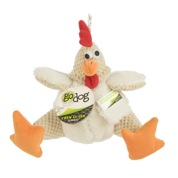 goDog Checkers Fat Rooster Squeaky Plush Dog Toy, Chew Guard Technology - White Large