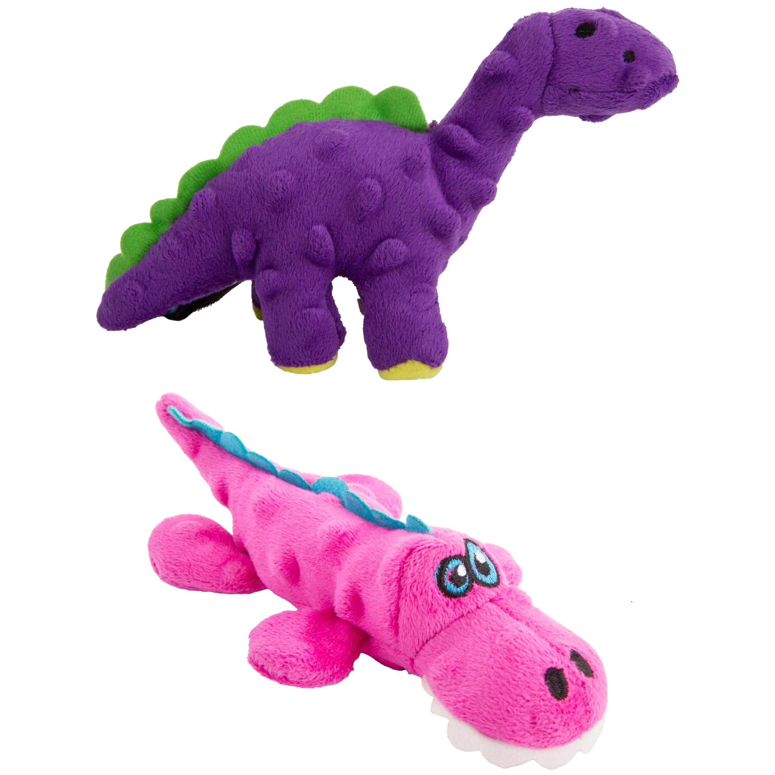 goDog Mini Chew Guard Squeaky Plush Dog Toy Bundle, Purple Dino and Pink Gator, Durable Interactive Chew Toys for Small Dogs, Puppies, Teething and Toy Breeds, 2pk