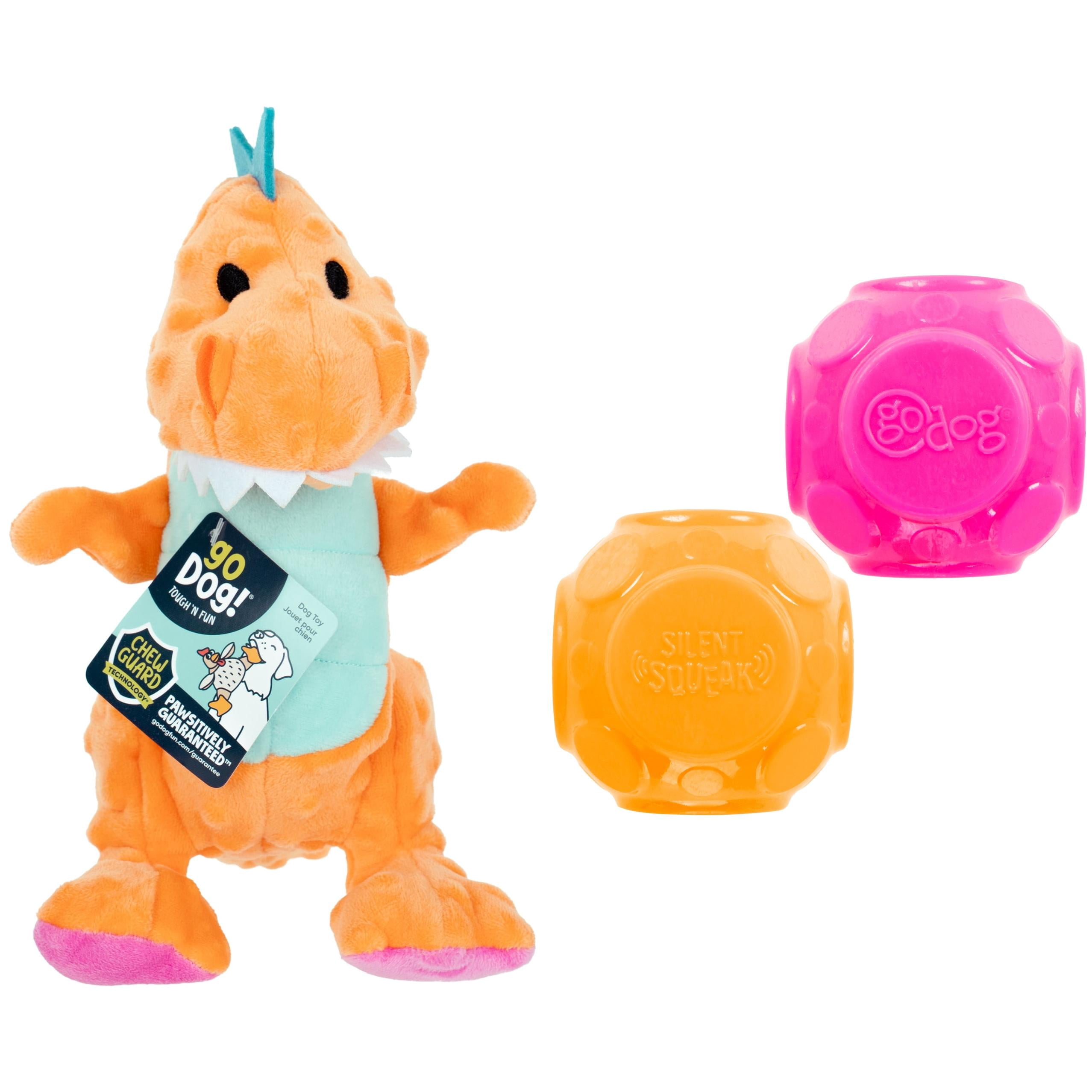 goDog Silent Squeak Ball and Dino T-Rex Plush Dog Toy Bundle for Light to Moderate Chewers, Ultrasonic Quiet Squeaker, Interactive Fetch Toys, Orange and Pink, 3pk