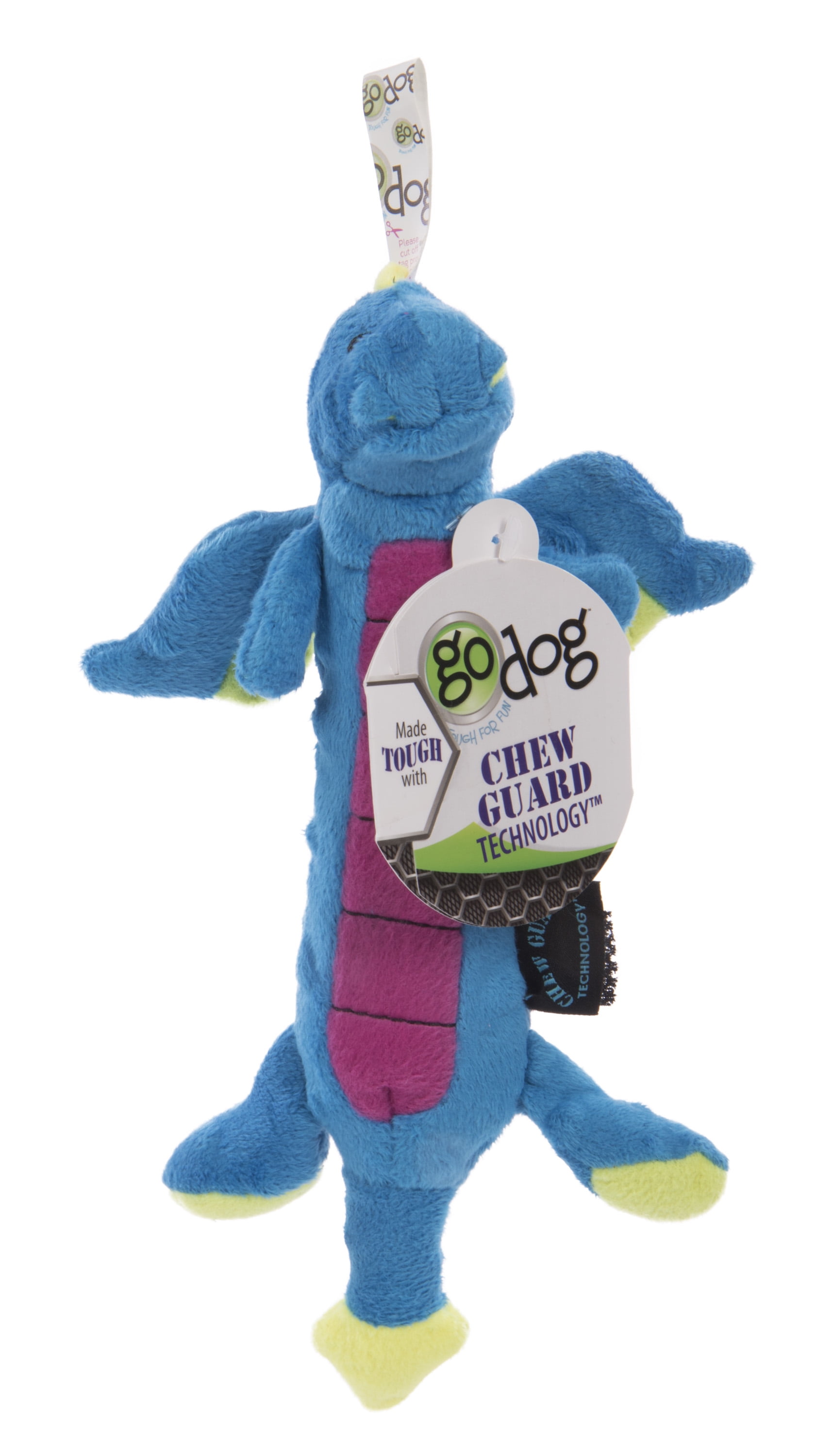 goDog Skinny Dragons Squeaky Plush Dog Toy, Chew Guard Technology - Blue, Small