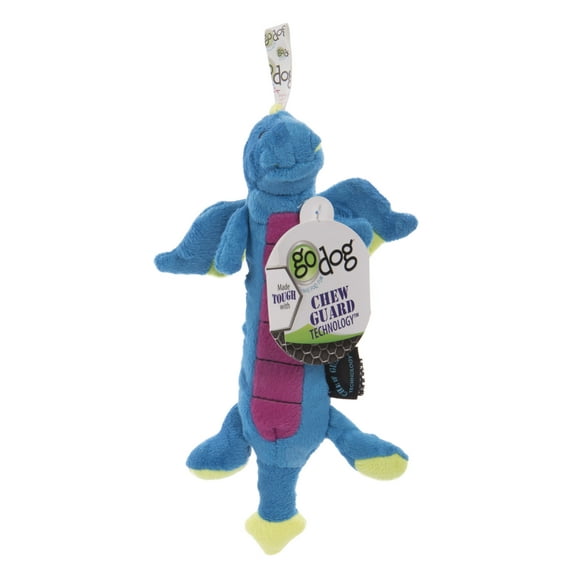 goDog Skinny Dragons Squeaky Plush Dog Toy, Chew Guard Technology - Blue, Small