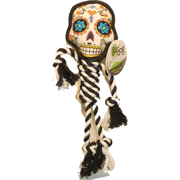 goDog Sugar Skulls Plush Rope Chew Guard Dog Toy, Large, White