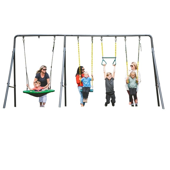gobaplay Adventure Kids Swing Set, Outdoor Playground w/ Swings & Trapeze