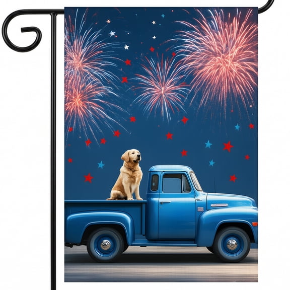 god bless america garden flag A dog sitting on the back of a blue truck with fireworks in the background. KRAVITYPOWER flags for outside 28x40 Inch Vertical Banner flag outdoor decor