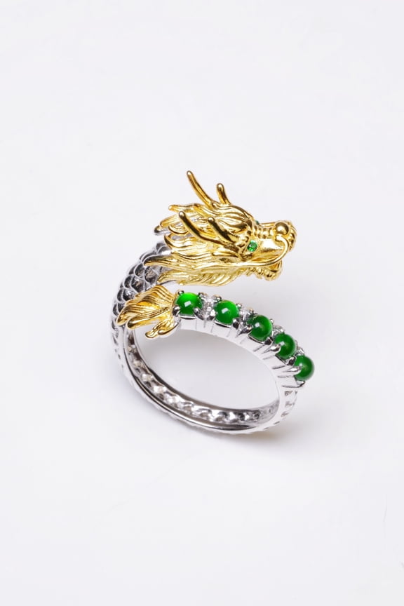 gold Dragon Green Jadeite Ring, 925 Silver Dragon Ring with 5 Jade Beads