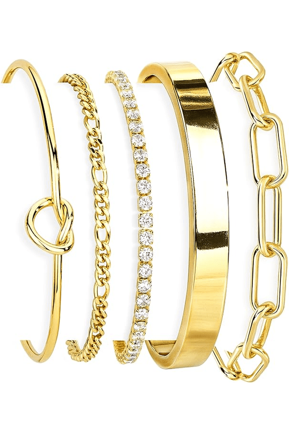 5PC Women's 14K Gold Plated Bracelet Set:Cuff, Knot&Tennis Styles with Dainty Cubic Zirconia, Stackable, Non-Tarnish, Trendy gold bangle bracelets  pulsera de oro mujer bracelet stack