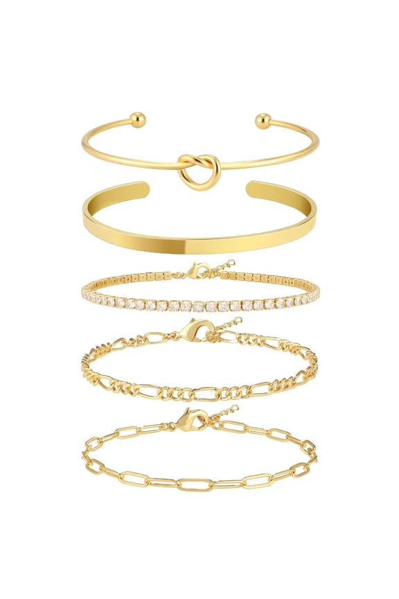 5PC Women's 14K Gold Plated Bracelet Set:Cuff, Knot&Tennis Styles with Dainty Cubic Zirconia, Stackable, Non-Tarnish, Trendy gold bangle bracelets pulsera de oro mujer bracelet stack
