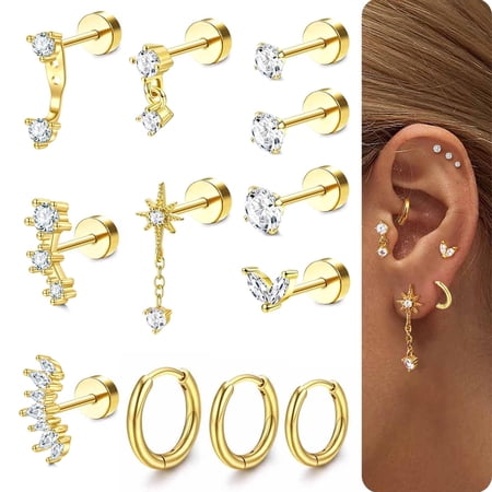 20Gauge Cartilage Earrings for Women Flat Back-Hypoallergenic Surgical Stainless Steel Stud Hoop Cartilage Earring Set Daith Conch Tragus Helix Piercing Jewelry Single