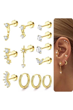 20Gauge Cartilage Earrings for Women Flat Back-Hypoallergenic Surgical Stainless Steel Stud Hoop Cartilage Earring Set Daith Conch Tragus Helix Piercing Jewelry Single