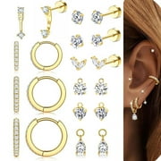 Flat Back Earrings for Women - Surgical Stainless Steel Hoop Cartilage Earring Set Small FlatBack Stud Stack with CZ Charm Helix Conch Tragus Piercing Jewelry