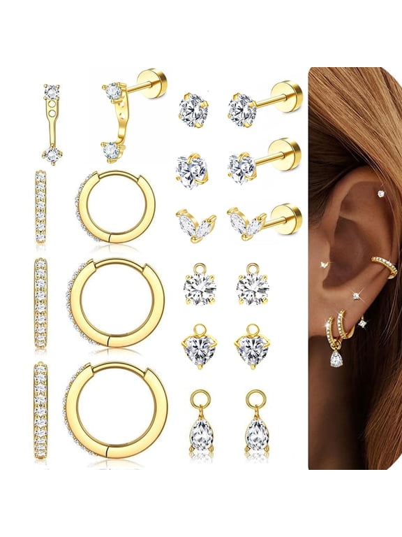 Flat Back Earrings for Women - Surgical Stainless Steel Hoop Cartilage Earring Set Small FlatBack Stud Stack with CZ Charm Helix Conch Tragus Piercing Jewelry