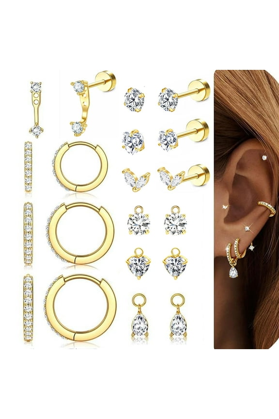 Flat Back Earrings for Women - Surgical Stainless Steel Hoop Cartilage Earring Set Small FlatBack Stud Stack with CZ Charm Helix Conch Tragus Piercing Jewelry
