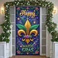 thumbnail image 1 of gold fleur-de-lis Happy Mardi Gras Banner green feathers Carnival Display colorful stars purple background Festive Backdrop for Mardi Gras Party Carnival Celebration New Orleans Event, 1 of 9