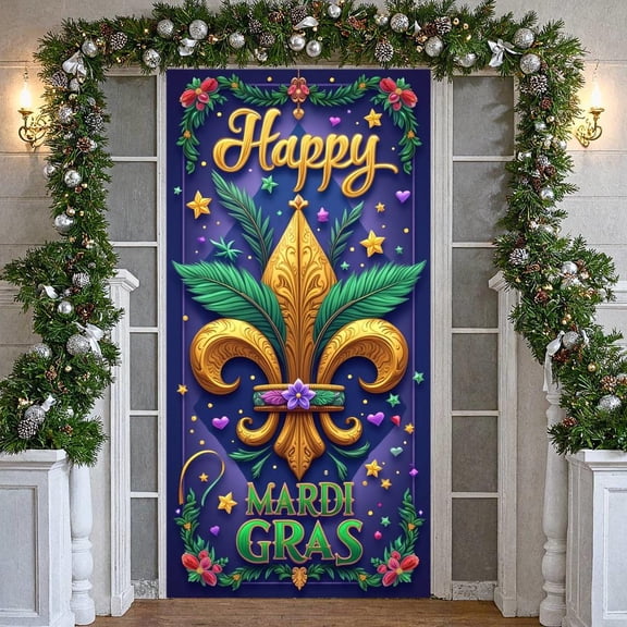 gold fleur-de-lis Happy Mardi Gras Banner green feathers Carnival Display colorful stars purple background Festive Backdrop for Mardi Gras Party Carnival Celebration New Orleans Event