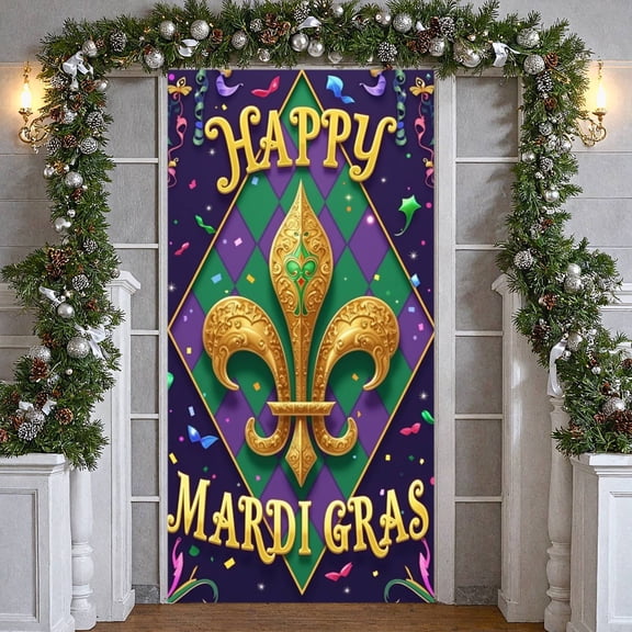 gold fleur-de-lis Happy Mardi Gras Banner green feathers Carnival Display colorful stars purple background Festive Backdrop for Mardi Gras Party Carnival Celebration New Orleans Event