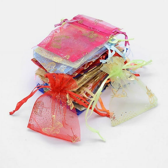 golden Stamping Butterfly Rectangle Organza Gift Bags Jewelry Packing Drawable Pouches Mixed color 9x7cm