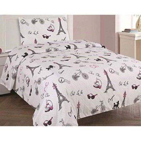 golden linens twin size 3 pieces printed sheet set with pillowcase multi colors white black pink paris eiffel tower design girls / kids/ teens# twin sheet paris